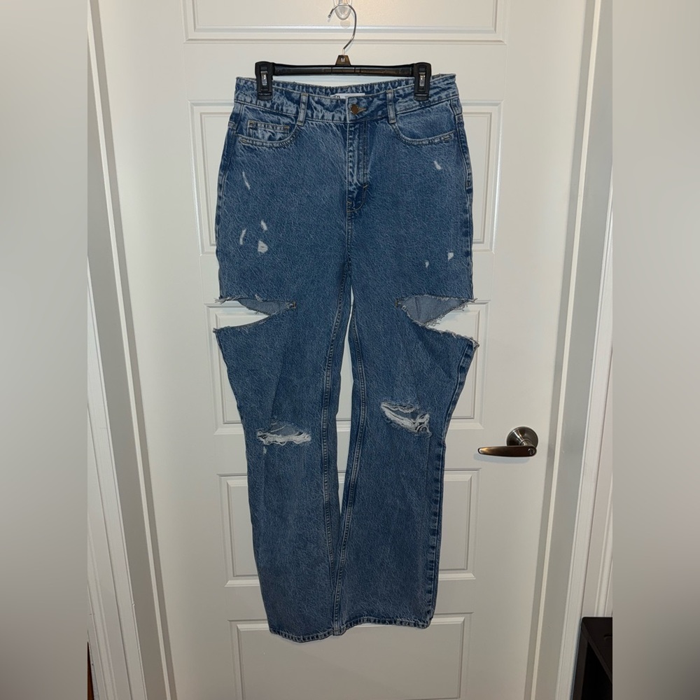 Zara Ripped Straight-Leg Blue Denim Jeans